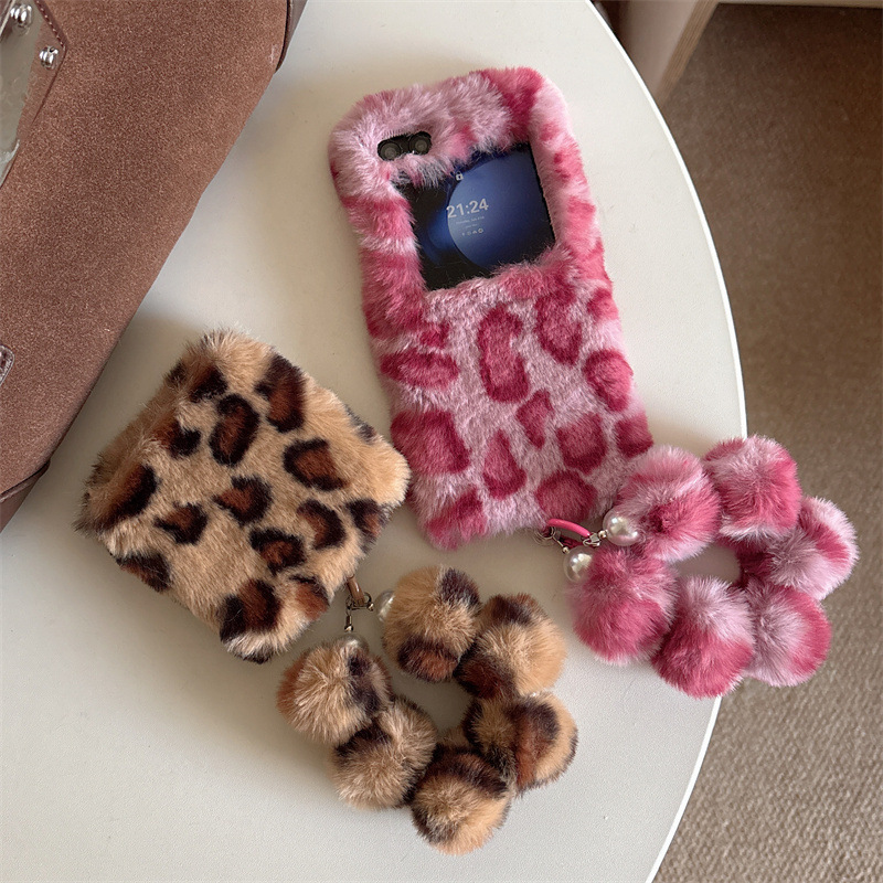 Phone Cases With Loop - Fashion Leopard Print Fluffy Plush Wrist